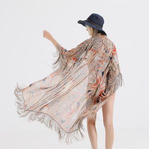 Etnische wind Vrouw Tassel Printing Grote sjaal Travel Chiffon sjaal Sjaide Holiday Sunscreen Beach Swimwear Wrap Coverup Rok Sarongs