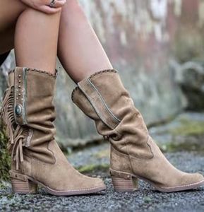 Etnische vrouwen faux Tassel Autumn 323 Boheemian Fringe Suede Leather Mid Half Boots Womine Square Heel Shoe Booties RTG5 230807 307