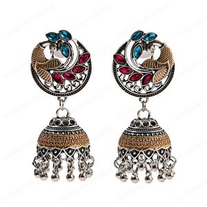 Etnische Dames Blue Peacock Dangle Oorbellen Bijoux Vintage Silver Color Bell Tassel Earring Tribe Indian Jewelry