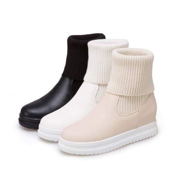 Eu 34-43 Plus La Taille Mignon Femmes Pull Chaud Wedge Bottes De Neige Casual Slip-on Cheville Bottes D'hiver Épaissir Chaussures 2018 Nouveau Beige, Noir En Gros