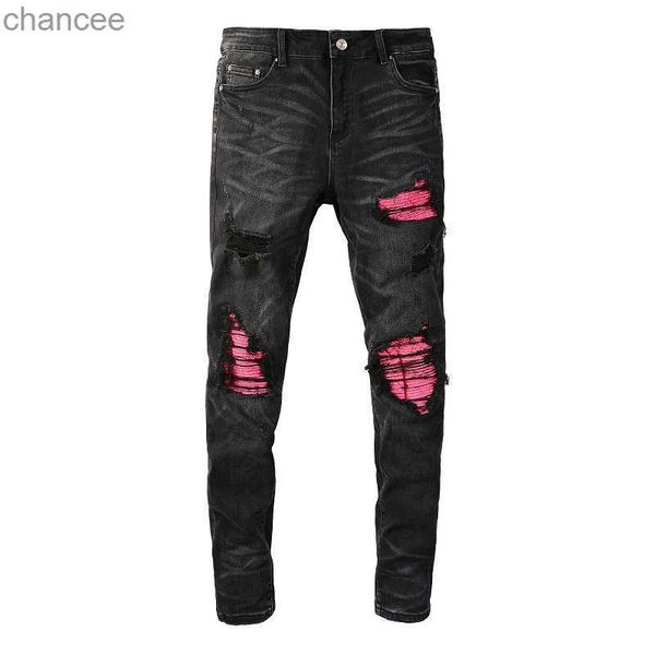 EU Drip Denim hommes noir en détresse moustache coupe ajustée trous endommagés côtes roses patchs Stretch rayé déchiré jean HKD230829