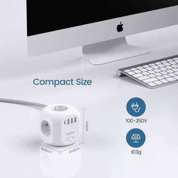 Multiprise ue avec 4 prises ca, 3 ports USB, 1 câble tressé de Type C de 2M/3M, multiprise avec interrupteur pour la maison