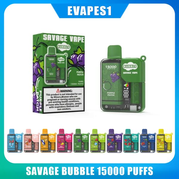 Envío de la UE Original Savage Bubble 15000 Puffs 15k Caja de vape desechable Batilines recargables Vape Pen de vapor prefallado 28 ml Mesh Bobina Smart Smart Block Zooy