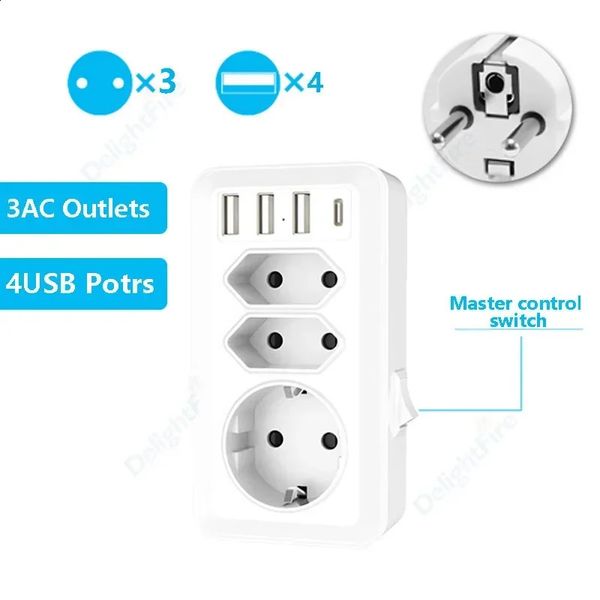 Enchufe europeo con USB y 3 salidas de CA, convertidor de potencia, Control Swtich, 100-240V, 16A, enchufe de pared, extensión de adaptador de enchufe estándar 240126