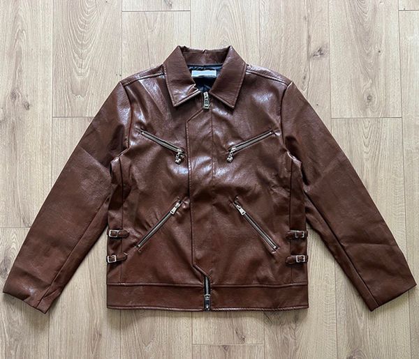 Veste de moto en cuir huileux pour hommes, élégante, avec fermeture éclair, marron, Vintage, col à revers, manteau coupe-vent décontracté, 23FW