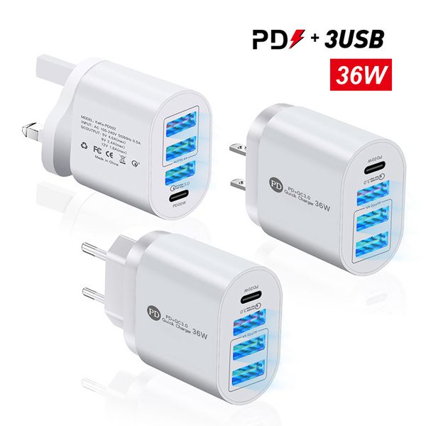 UE EE. UU. Reino Unido 36W PD 3USB puerto cargador tipo C QC 3,0 luz LED teléfono móvil viaje USB adaptador/cargador de pared para iphone 13 8 6