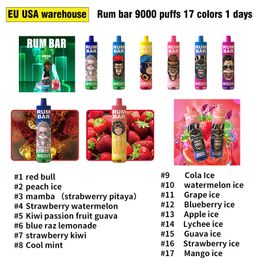 Eu USA Entrepôt nouveau Bar de rhum d'origine 9000 Puffs Cigarettes électroniques jetables 2% 5% 650mAh 18 ml Bobine en filet autorisée avec batterie rechargeable 17 couleurs Light Vape Pen