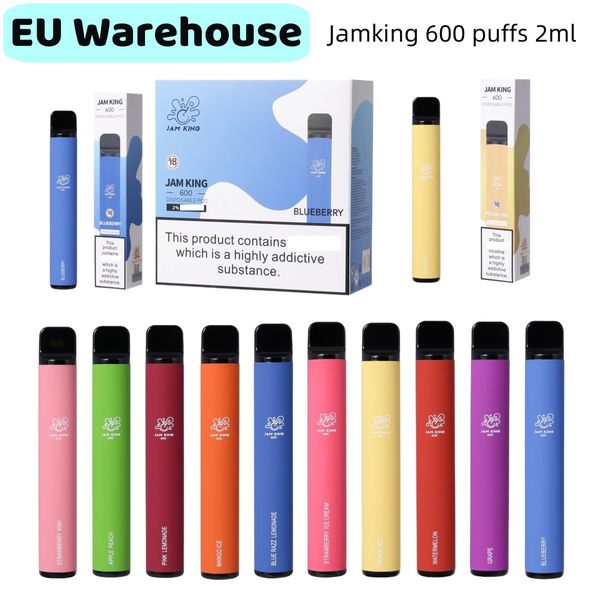 UE Almacén Vapes desechables Jam King Puff 600 2 ml E-jugo 10 sabores cigarrillo electrónico China Venta al por mayor Vape Stick 550 mAh Batería 20 mg Nic Mesh Coil