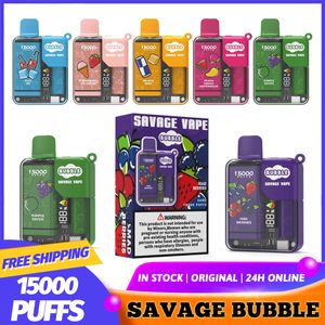 EU-magazijn Origineel SAVAGE BUBBLE E-sigarettendons 15000 15K trekjes Wegwerpvapes-pen 28ML Mesh Coil Smart Display Vermogen instelbaar VS Randm Mrvi Razz Bar Bang 12k