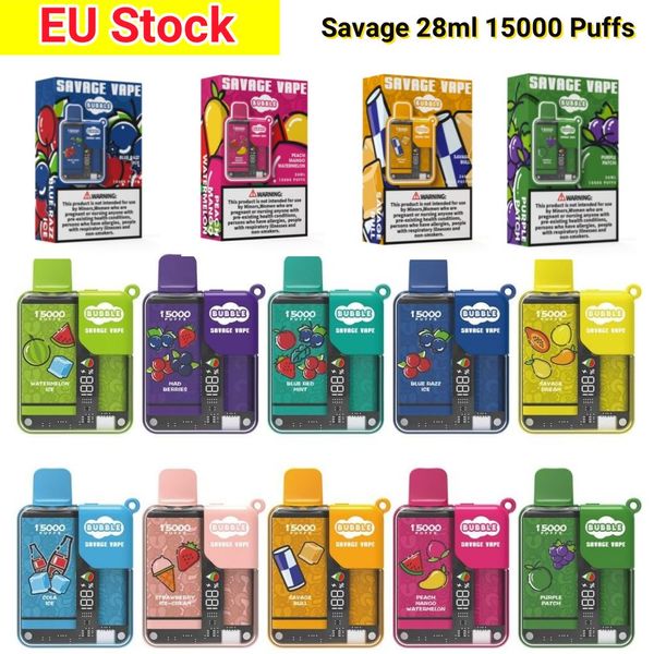 UE Almacén vape Savage Bubble 15000 Puff Smok Vape Desechable 28 ml vapes de fábrica China Pantalla de bloqueo para niños 650 mAh Batería recargable Bobina de malla 12k 12000