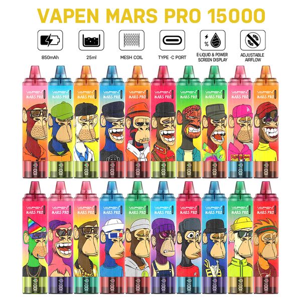 Eu en gros vapen Mars Pro Tornado 15000 Puffs Puff 15k Shisha Disposable Vape Device 25ml 0/2/5% 850mAh Batterie Ejuice Airflow LED-LED Rechargeable LED Écran Smart Vape Smart Vape