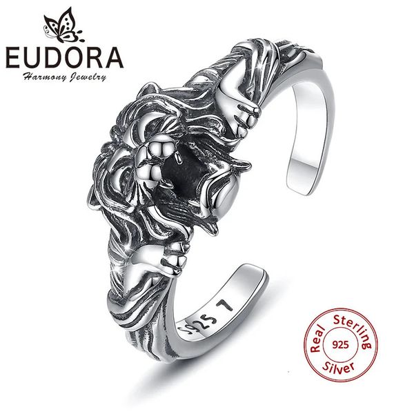 EUDORA 925 STERLING Silver Lion Head Rague réglable Ring Vintage Hip Hop Open EXQUISITE Animal Bijoux pour hommes Femmes Cadeaux 240420
