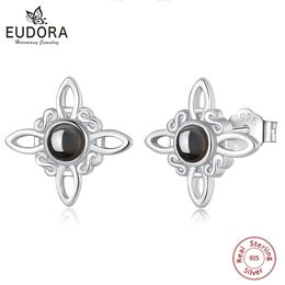 Eudora 925 Sterling Silver Witch Knot -oorbellen voor vrouwen Obsidian Ierse Keltische knoop Stud -oorbellen Hekserij sieradenfeest cadeau 240408