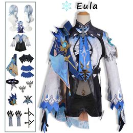 Eula Lawrence-Peluca de impacto Genshin, uniforme de caballero con flores onduladas, disfraz divertido, guante, joyería, Carnaval de Halloween