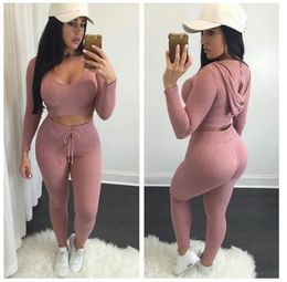 Eur Fashion Sexy Crop Top Avec Leggings Pantalon 2 Pcs \ Ensemble Solide Tricoté Haut Survêtements Vêtements Hip