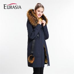 EURASIE marque femmes manteau longue dame hiver Parkas Style veste véritable col de fourrure épaisse capuche plein survêtement chaud Y170022 201125