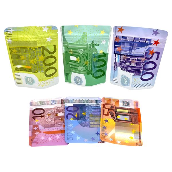 Bills Euro Bills Forma Paper Cierro postre Bolsa pequeña con ventana transparente 1G/3.5G Mylar Bolsa pequeña Diseño personalizado