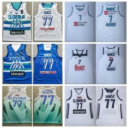 Euroliga Europa 7 Luka Doncic Eslovenia Camisetas de baloncesto 77 Equipo nacional Universidad Bordado y cosido Equipo universitario Azul Color blanco Transpirable Deporte