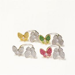 Europe Amérique Mode Anneaux Lady Femmes Laiton Paramètres Diamant De Couleur Or 18 Carats Deux Papillon Entre La Bague 4 Color305m