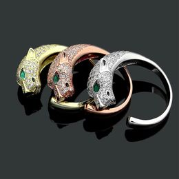 Europa Amerika Mode Stijl Dame Vrouwen Titanium Staal Gegraveerd Ca Initialen Volledige Diamond Panther Leopard Open Rings239F