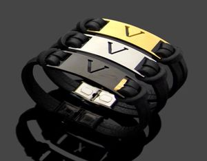 Europe Amérique Mode Style Hommes Évider V Lettre Noir Doubledeck Bracelet En Cuir 4 Color2221278