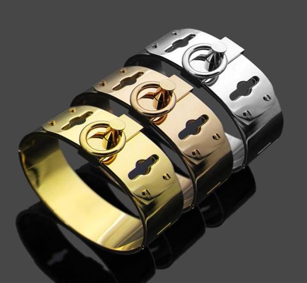 Europa América Moda Mujer Dama Titanio Acero H Letra Círculo Cuatro Clavos 18k Chapado en Oro Pulsera Ancha Brazalete 3 Color279k4051412