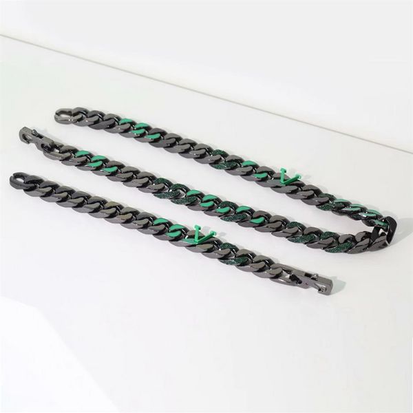 Europe Amérique Hommes Noir-couleur Métal Gravé V Initiales Vert Émail Serti Diamant 2054 Chaîne Liens Collier Bracelet Bijoux 2340