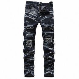 Europa Amerika Gescheurde Jeans Heren Slim Fit Lichtblauw Stretch Fi Streetwear Tie Dye Hip Hop Casual Denim broek Mannelijke Broek D9F6#