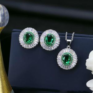 Europe et Amérique Ensemble de bijoux de mariée Plaqué or blanc Blanc / Bleu / Vert / Rouge Zircon Boucles d'oreilles rondes Collier pour femmes ensembles de colliers en cristal