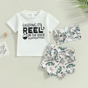 Europa en Amerika Girl Clothing Sets Fashion Baby Girls Letter Short Sleeve T-Shirt Fishing Net Print Shorts Pak Haaraccessoires 3-koppig set baby outfits S2181