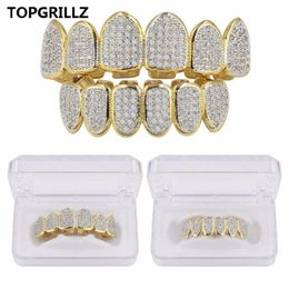Europa y América Hip Hop Iced Out CZ Gold Teeth Grillz Caps Top Bottom Diamond Teeth Grillzs Set Hombres Mujeres Grills2742