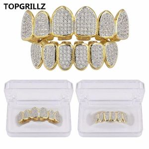 Europa y América Hip Hop Iced Out CZ Gold Dientes Grillz Caps Top Bottom Diamond Dientes Grillzs Set Hombres Mujeres Grills211w