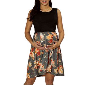 Europa en Amerika moederschap jurk zomer print contrast stiksels borstvoeding mouwloze elegante jurk dames mode kleding G220309