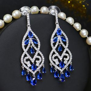 Boucles d'oreilles de charme de mariage de style européen et américain Designer longues boucles d'oreilles en zircone cubique AAA blanc vert bleu CZ cuivre argent boucle d'oreille de mode pour les femmes cadeau