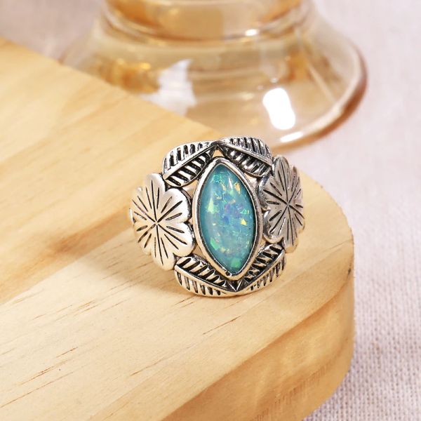 Bijoux bohème Vintage pour femmes européennes et américaines, bague en or 14 carats sculptée en opale naturelle, fête de fiançailles et de mariage