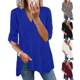 Europe et amérique femme 2023 nouvelles blouses en mousseline de soie à manches longues chemises pour femmes solide col en v pull décontracté ample T-shirt haut