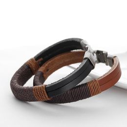 Europa en de Verenigde Staten Hot Koop Retro Trend Titanium Staal Zwart Lederen Hennep Touw Armband Handgeweven PU-lederen armband WY1005