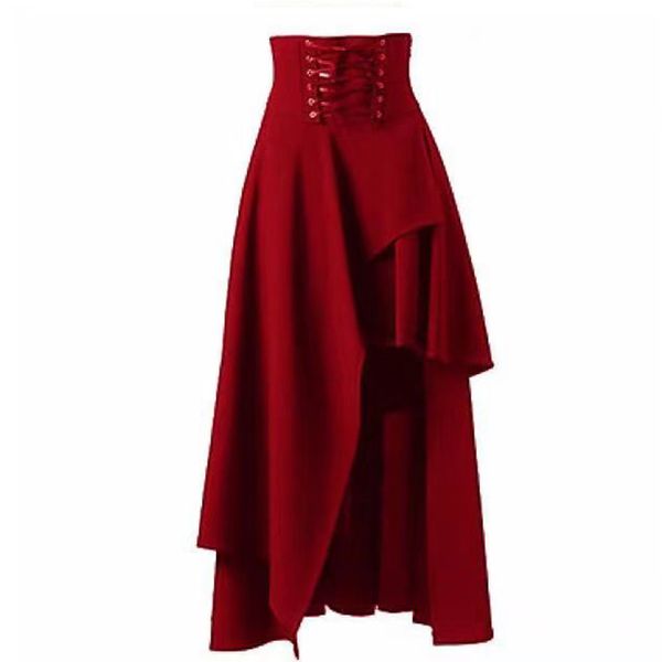 Europa y los Estados Unidos New Irregular Gothic Half Skirt Halt Wist Winch Falda corta con grupo rojo Punk Sexy Medieval Clothing Cloak Doble Long Vestido