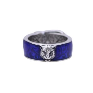 Europe et États-Unis rétro S925 bague en argent sterling pour hommes en émail bleu tête de tigre bague dames tête de tigre couple bague 230V