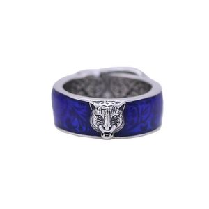 Europe et États-Unis rétro S925 bague en argent sterling pour hommes en émail bleu tête de tigre bague dames tête de tigre couple bague 337Y