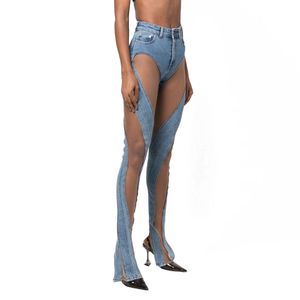 L'Europe et les États-Unis Sexy Niche Jeans Femmes Nouvel Automne Spirale Maille Creuse Conception Sens Épissage Fente Pantalon Marée
