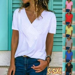 Europa en de Verenigde Staten Slanke stiksels V-hals korte mouwen effen kleur t-shirt dameskleding mode losse shirt S-5XL