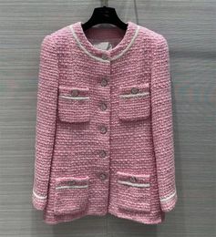 Manteau Long en tweed pour femmes, Europe et états-unis, col rond, manches longues, simple boutonnage, poche rose, mode hiver 2024