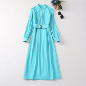 Europe et États-Unis femmes 2024 hiver nouveau manches longues col montant simple boutonnage ceinture bleu ciel mode robe XXL