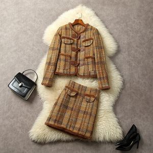 Europa en de Verenigde Staten dames winter lange mouwen harige singlebreasted geruite jas rok Tweed mode pak 240116