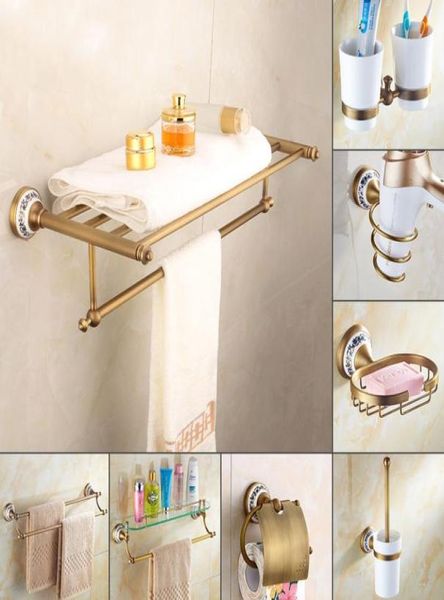 Europe Antique sculpté accessoires de salle de bain ensemble douche porte-serviettes tenture murale porte-brosse à dents en métal porte-savon en céramique LJ2012119560942