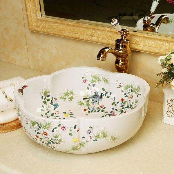 Europe Artistique Peinture Fleurs Porcelaine lavabo Art Comptoir Washnasin Céramique Salle De Bains Navire Éviers porcelaine bol sinkgood qt Jvdd