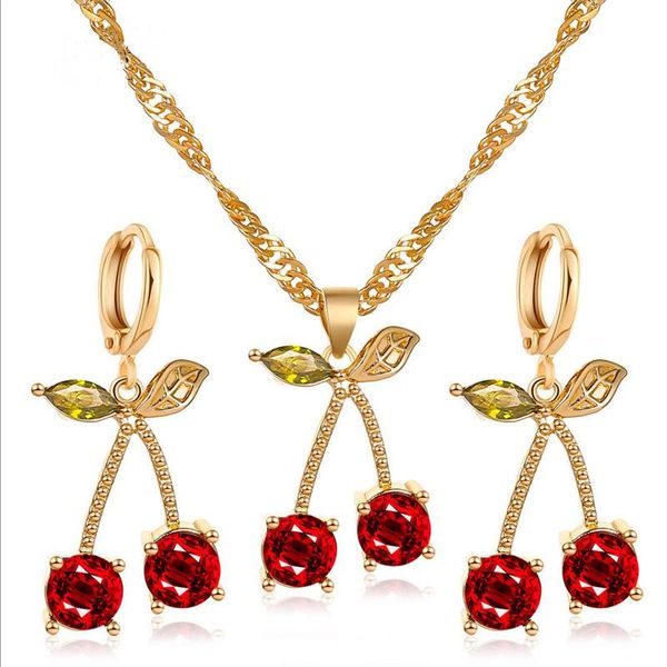 Ensemble de bijoux de fête de mariage en Europe, collier et boucles d'oreilles en forme de grenade rouge cerise pour femmes, accessoires de mode en herbe de cristal