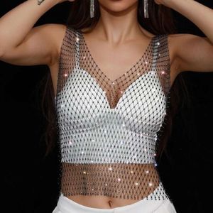 Europa Net T-shirt en Amerika Cross Border Hot Diamond Grid Water Diamond Fishing Top Sexy Sweet Pittige Tank Top Mesh Crystal