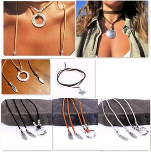 Collares largos de cuero de 17 estilos para mujer, venta al por mayor, joyería de moda Punk europea, colgantes circulares de plata con Calavera, cadena para suéter